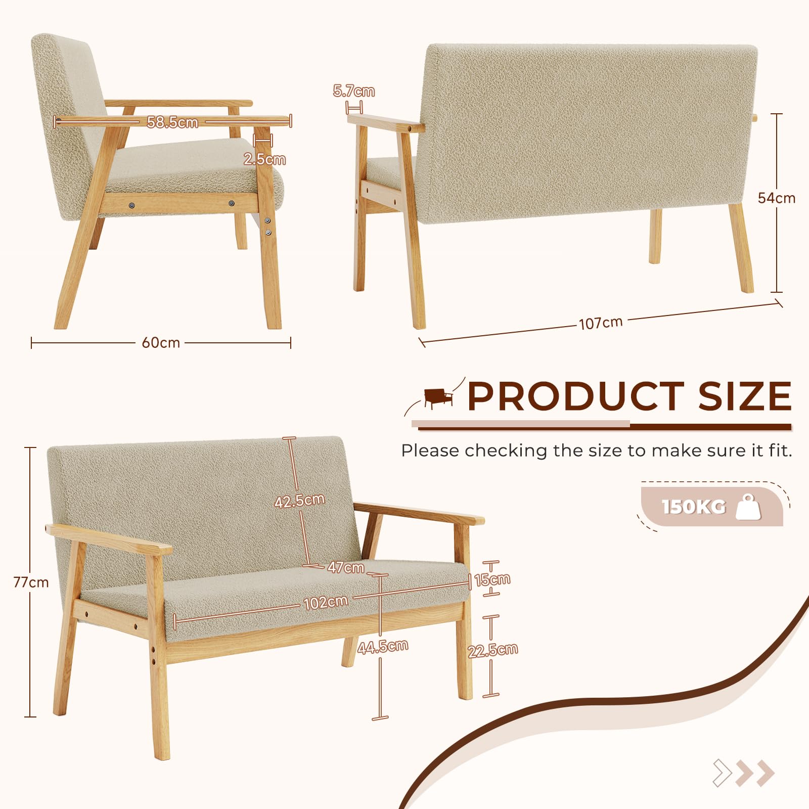 Dripex Divano a 2 posti, piccolo divano con cornice in legno, divano lounge da 2 pezzi, moderno e scandinavo, divano doppio in velluto Teddy, per soggiorno, camera da letto, ufficio,Beige