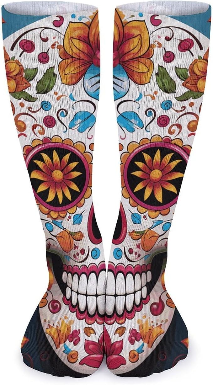 Mid-Calf Socks for Women Men, Breathable Colorful Sugar Skull Stockings for Sports, Casual Long Sock for Work