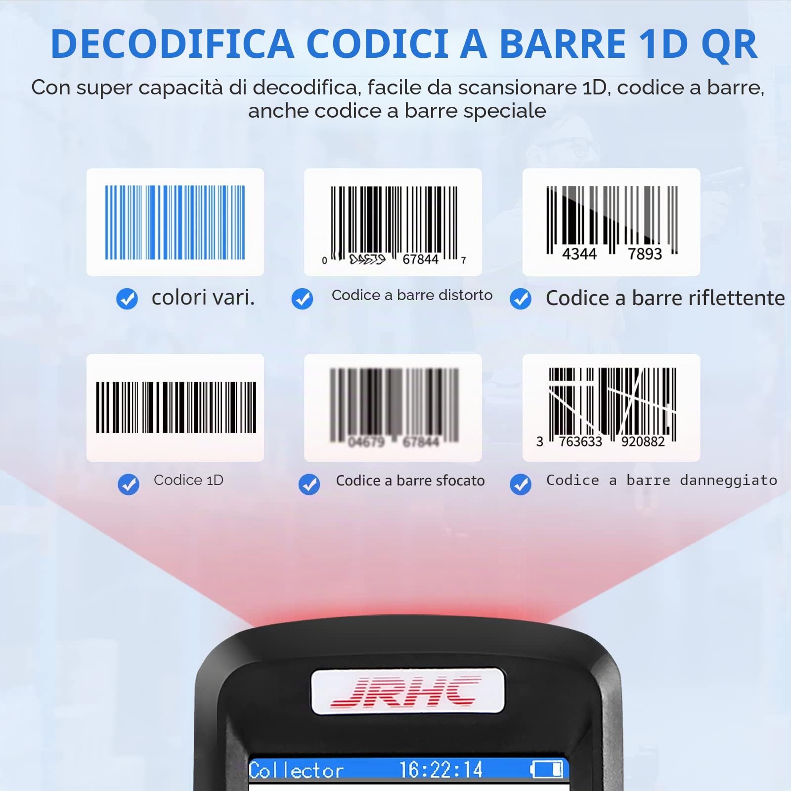Lettore di codici a barre 1D da collezione con ricevitore USB wireless da 2,4 GHz, lunga distanza di trasmissione, schermo LCD multifunzione da 2,8 pollici, lettore di codici a barre