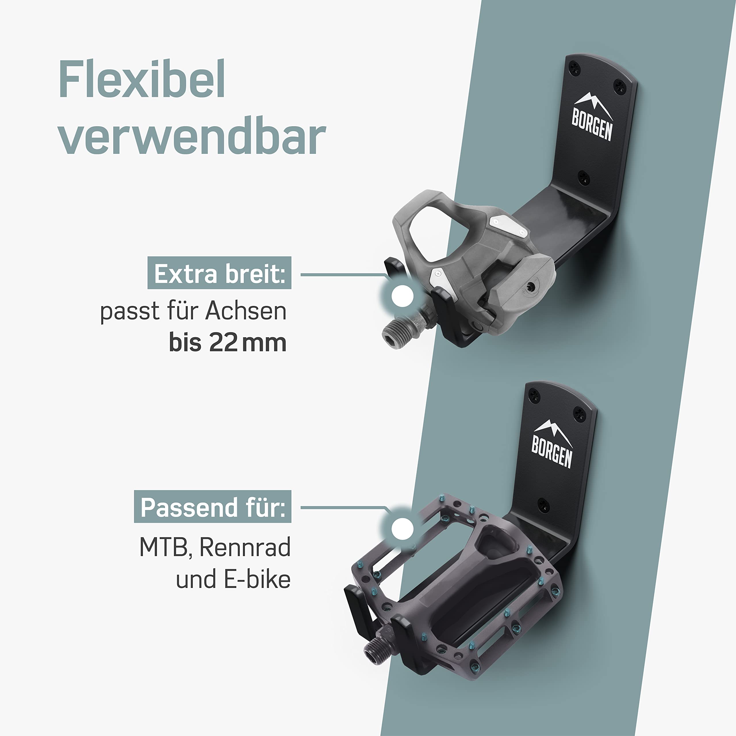 Borgen Fahrrad Wandhalterung Pedal bis 32kg Tragfähigkeit - Pedalhalterung für E-Bike, Mountainbike, Rennrad - Fahrradhalterung Wand mit 2x Stützwinkeln und Wandschutzpads - sicherer Halt