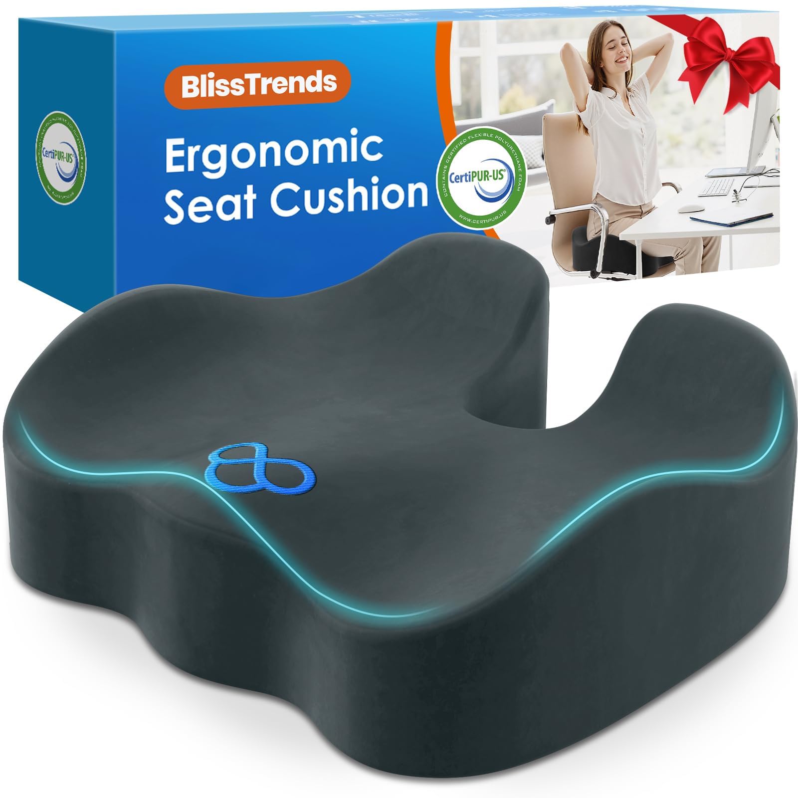BlissTrends Memory Foam Seat Cushion for Office Chair & Car Seat, DarkGreen | Ergonomic Tailbone & Sciatica Support with Removable Velvet Cover for Pressure Relief and Long Sitting Comfort, 3.3" Thick