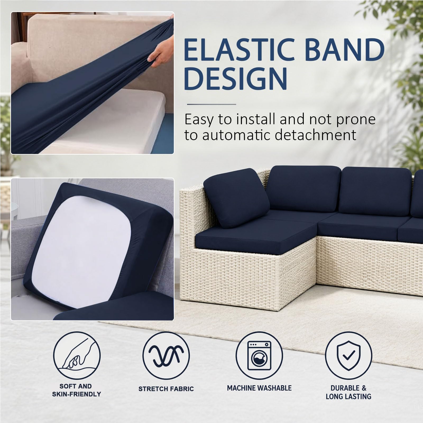 MeYuxg Set di 8 federe per cuscini da patio, per esterni, elasticizzate, rimovibili, per divano a forma di L, sedie da terrazza, mobili da giardino (blu scuro)