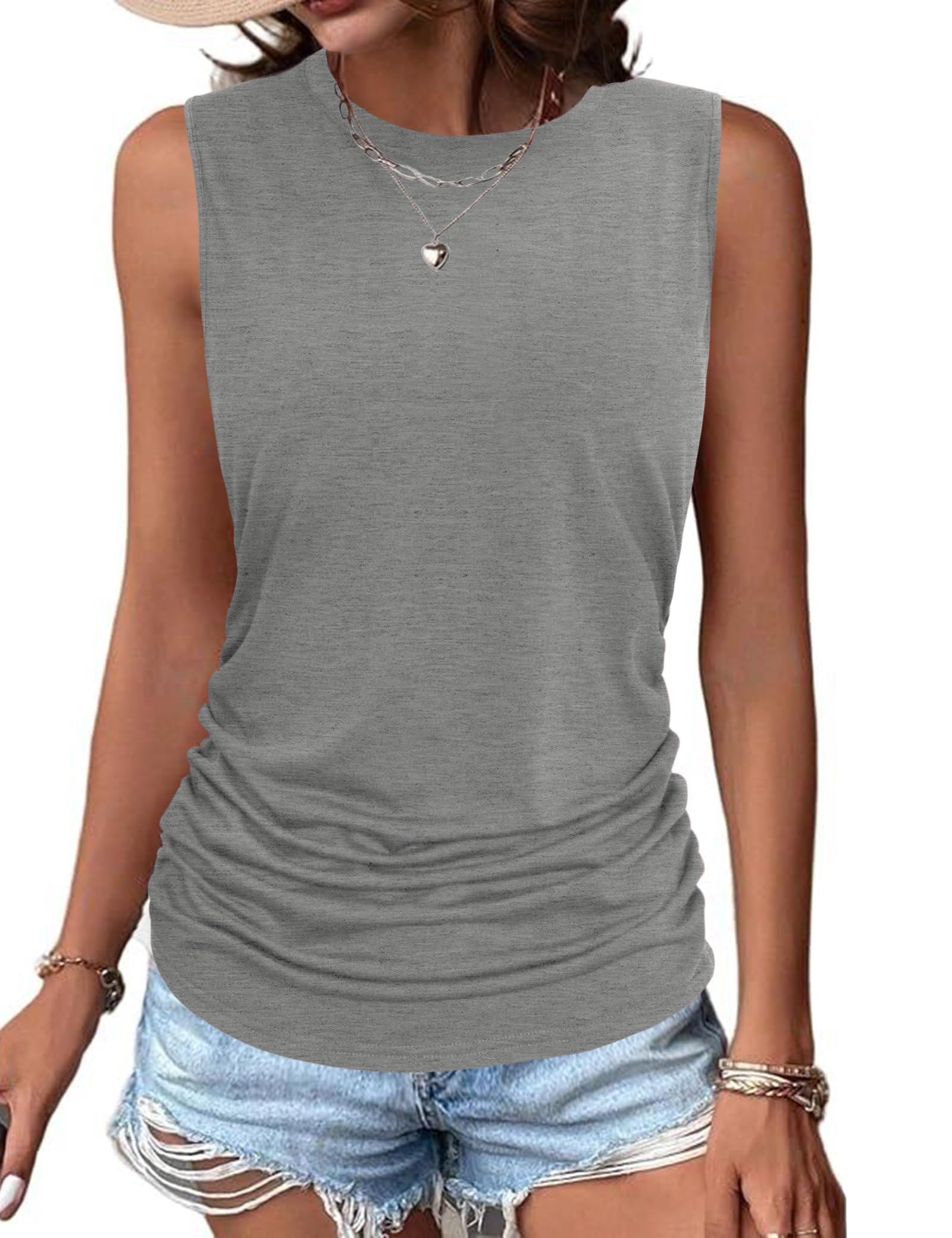 Totatuit Damen Tank Top Ärmellose Ruched Oberteile Baumwolle Rundhals Tops Stretch Oberteil Sommer