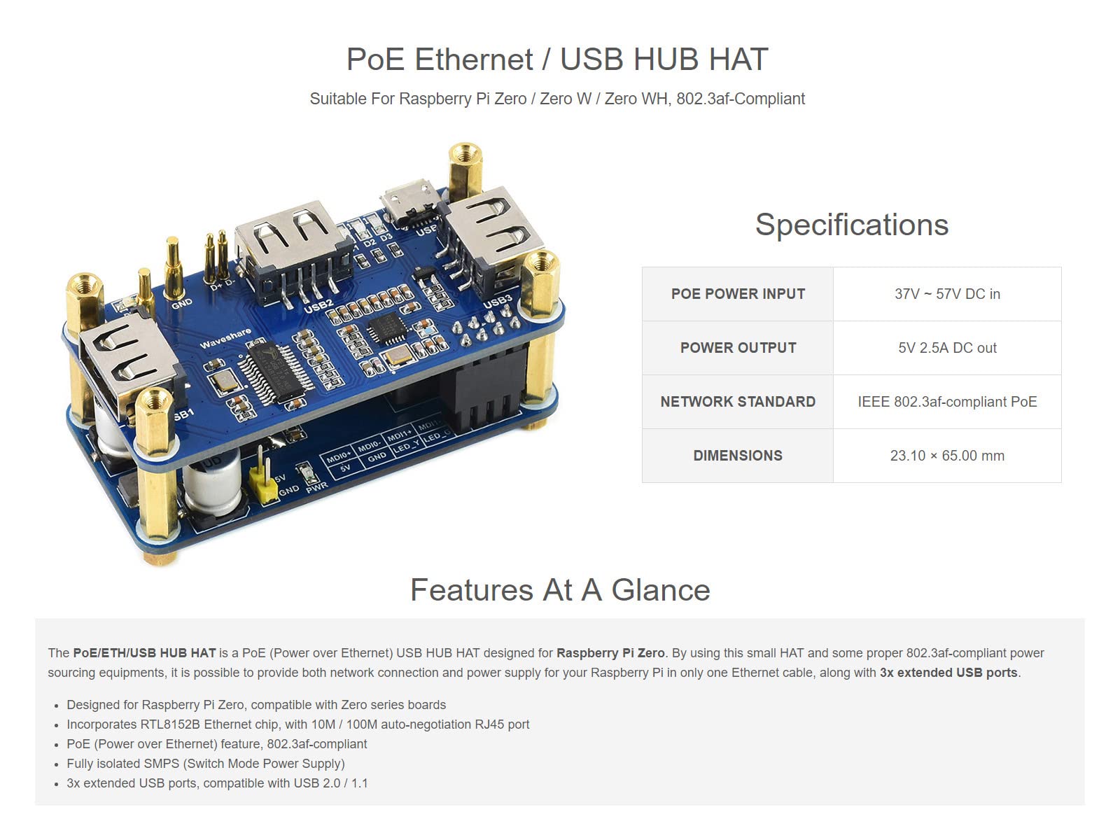 Waveshare PoE Ethernet/USB HUB Hat for Raspberry Pi Zero/Zero W/4B/3B/3B+, 3X USB 2.0 Ports 802.3af-Compliant