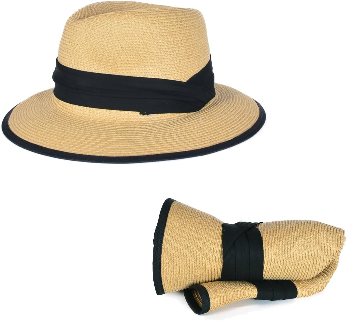 Men Women Straw Fedora Packable Travel Sun Hat (Beige)