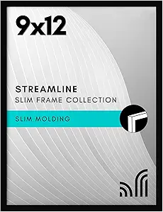 Americanflat 9x12 Picture Frame with Shatter-Resistant Glass - Streamline Collection - Thin Border Photo Frame for Tabletop and Wall Display - Hanging Hardware and Easel Stand Included - Black