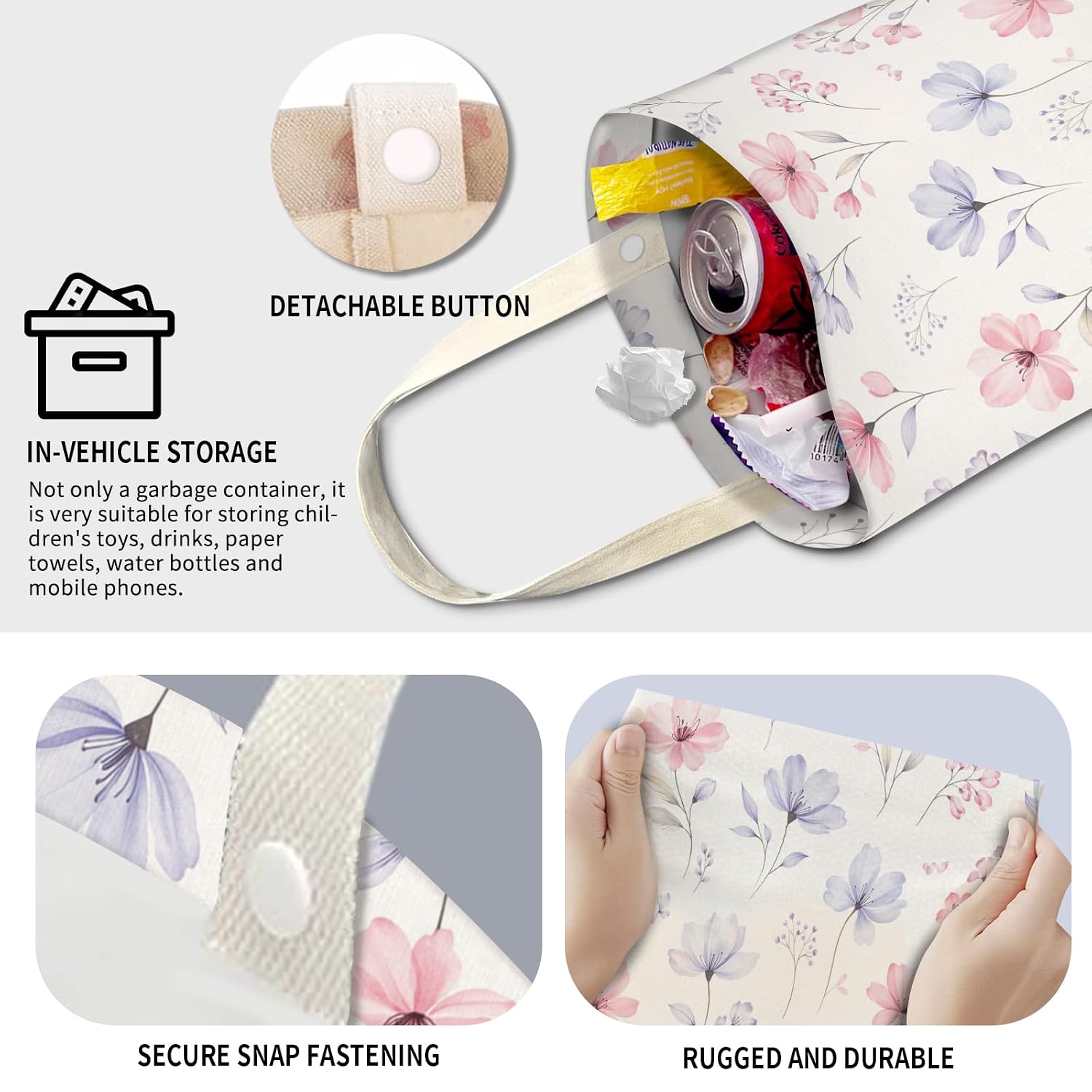 Cute Car Trash Can, Hanging Canvas Car Back Seat Organizer and Storage Bag, Funny Car Trash Bag for Travelling, Outdoor Cute Pink Blue Flower image 4