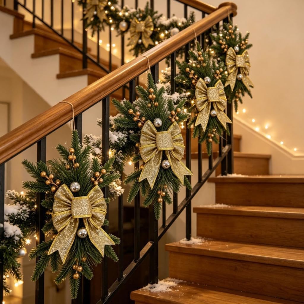 Christmas Railing Bowknot Swag with Faux Boughs and Covered Straps