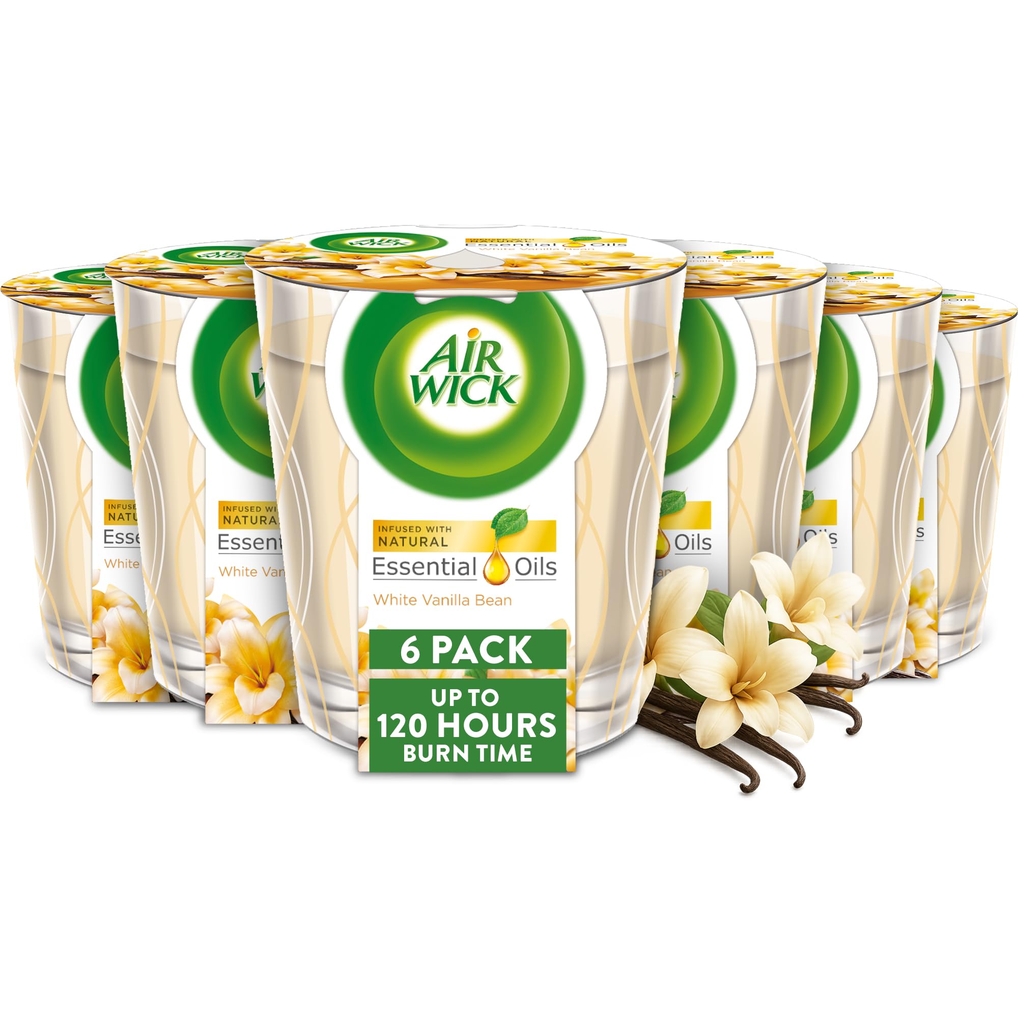 Air Wick White Vanilla Candle Set of 6, Home Scent with Natural Essential Oils, Vanilla, Fresh Coconut, Ideal Kitchen Freshener, Living Space Aroma