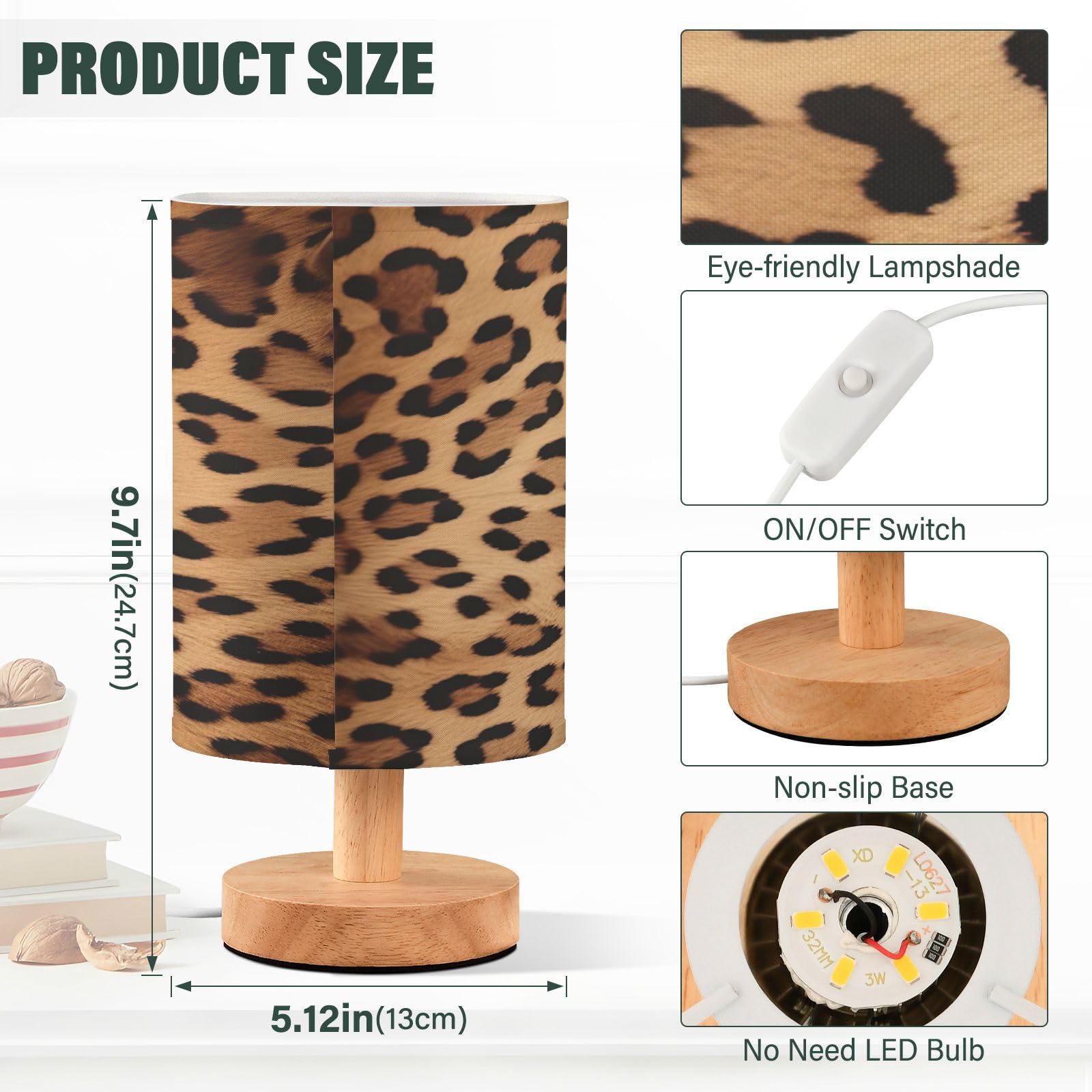 Lampa biurkowa LED USB z nadrukiem lamparta, mała lampka nocna z antypoślizgową drewnianą podstawą, cień, do salonu, sypialni, akademika, stylowe i funkcjonalne oświetlenie