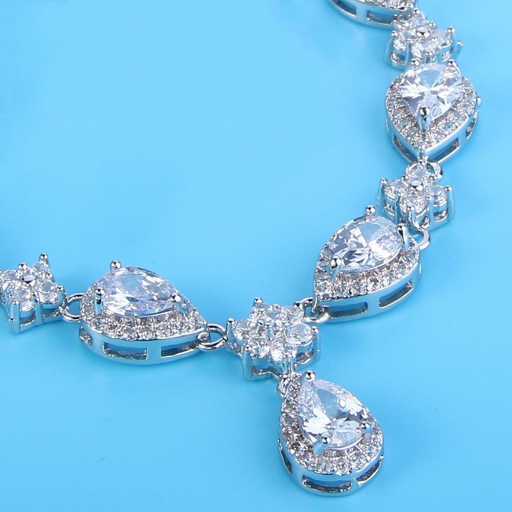 EleQueen Women's Silver-Tone Cubic Zirconia Teardrop Flower Bridal V-Necklace Jewelry Set Dangle Earrings