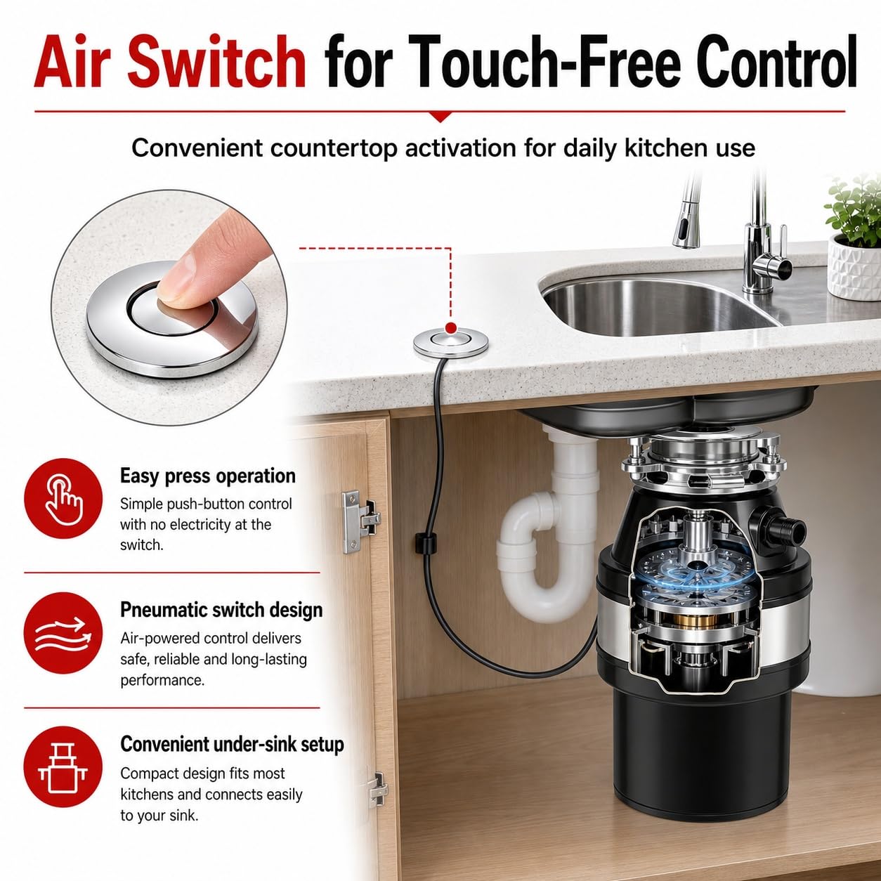 Triturador de Residuos de Alimentos de 1,2 L con Interruptor de Aire, Unidad de Eliminación de Basura for Fregadero de Cocina con Protección Contra Sobrecarga(Black)