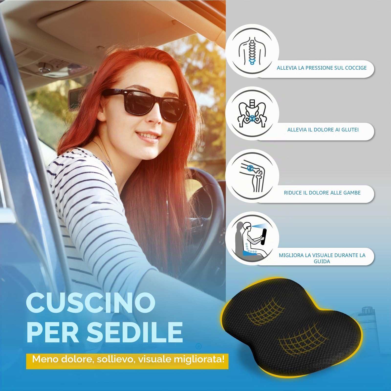 kingphenix Cuscino cuneo per sedile auto: cuscino in memory foam per sedile auto, per alleviare la sciatica e il mal di schiena, migliora il comfort di guida, nero