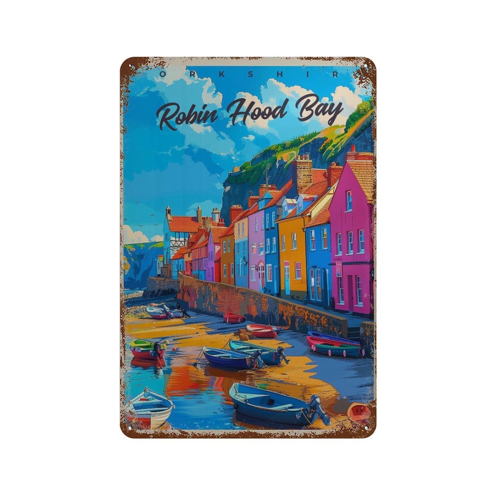 xiaoxiaoshen Robin Hood Bay Travel Yorkshire Coast Wall Decor Art Metal Tin Poster Modern Home Decor Art Home Bar Shop Decorations Vintage Sign 30x20cm
