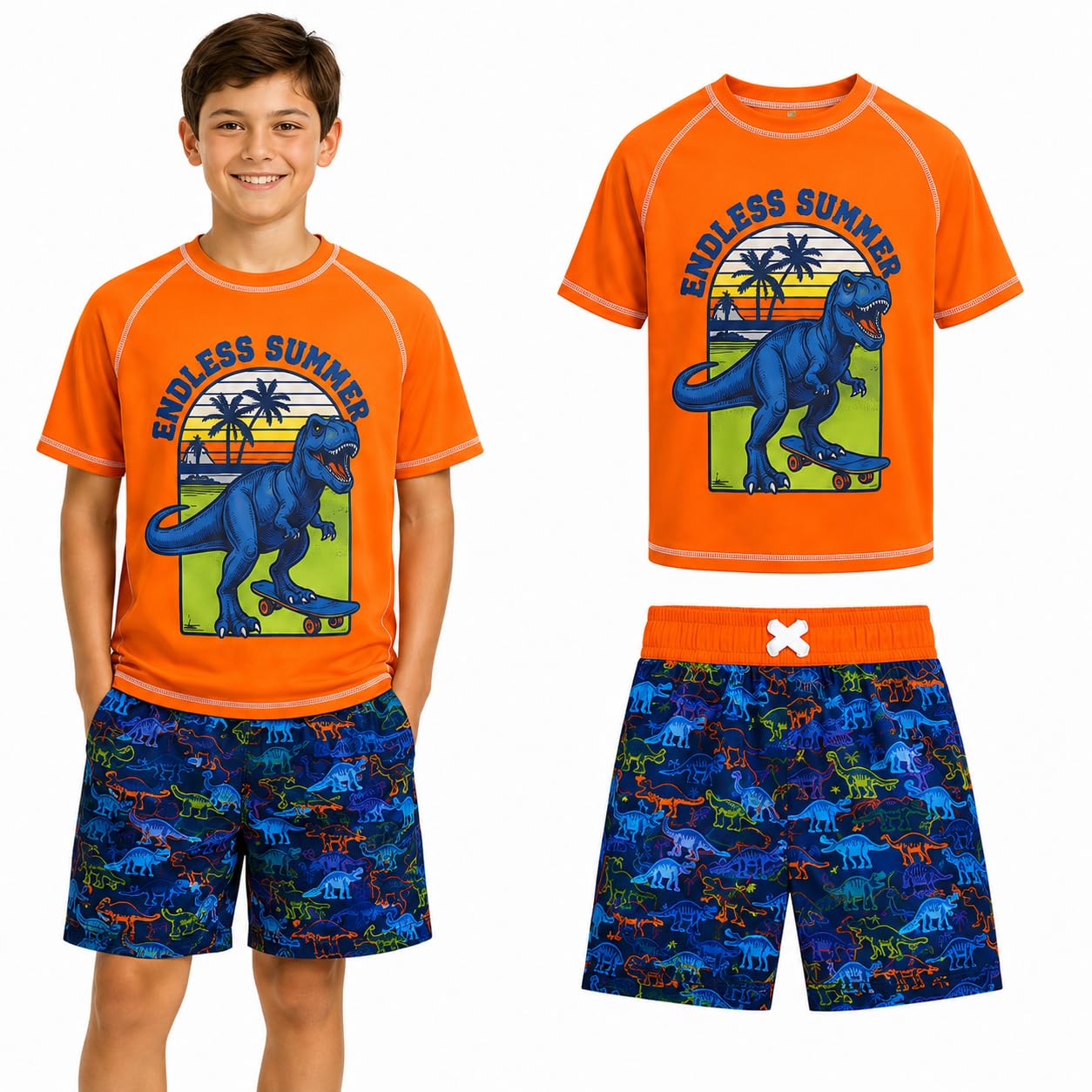 Quad Seven Boys 2-Piece Rash Guard Swimsuit Set Short-Sleeve (Sizes 5-12) | Lightweight Quick-Dry Fabric with Sun Protection, Matching Top &amp; Trunks, Adjustable Drawstring Waist for Pool or Beach Days