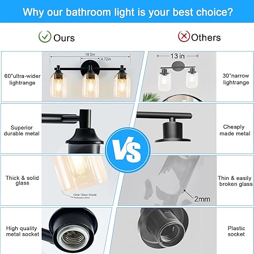 Miniatura 5 de 4 lámparas de baño, modernas luces de tocador de color negro mate con pantalla de vidrio transparente, lámpara de pared de baño para espejo, cocina,
