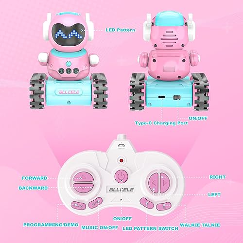 Miniatura 7 de ALLCELE Robot de juguete LED RC para niñas con Walkie Talkie, programación, música, demostración y función LED, juguete robot de control remoto,