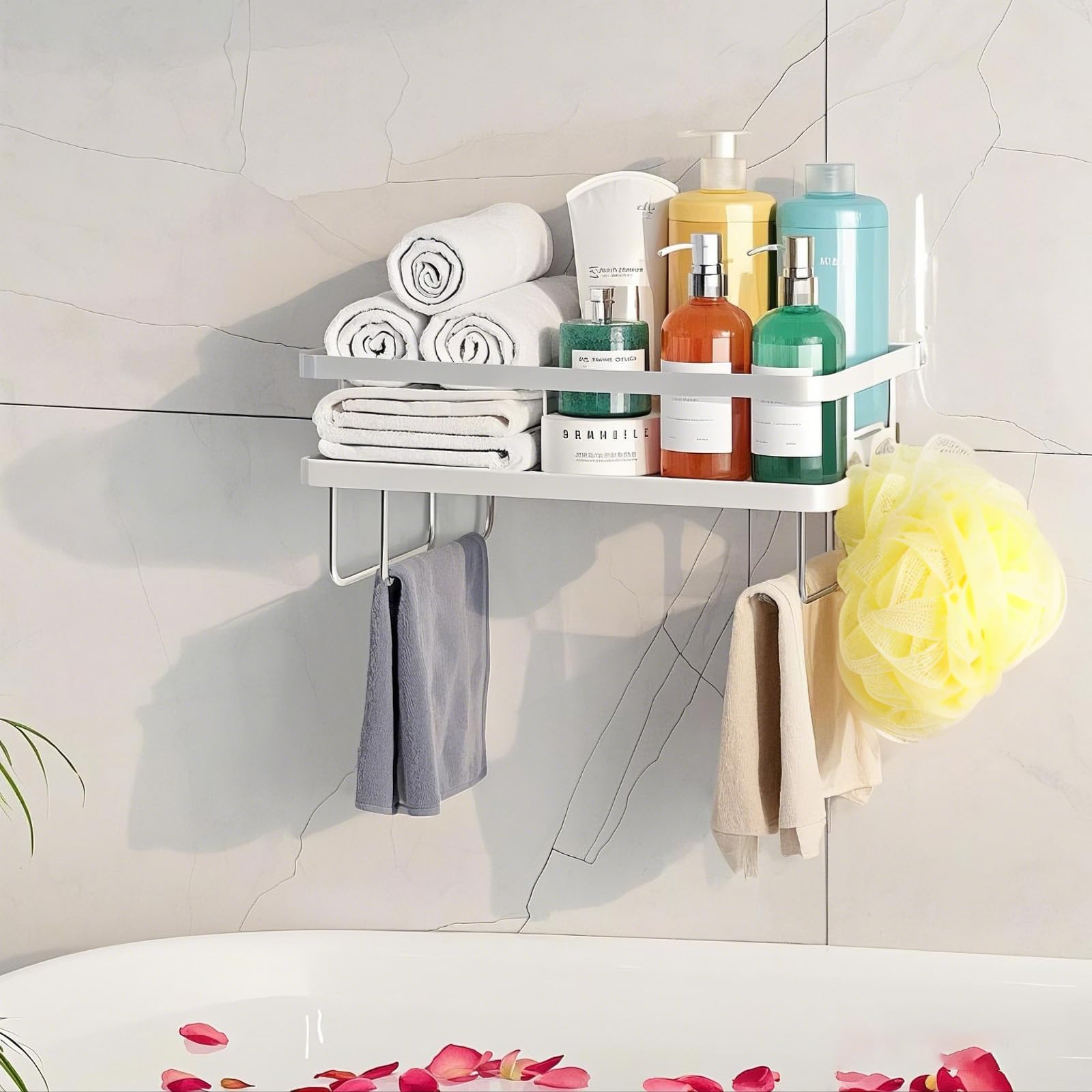 Mensola portaoggetti da bagno, grande capacità, installazione senza fori, in acciaio spesso resistente alla ruggine, salvaspazio sopra il WC (bianco, 1 ripiano)