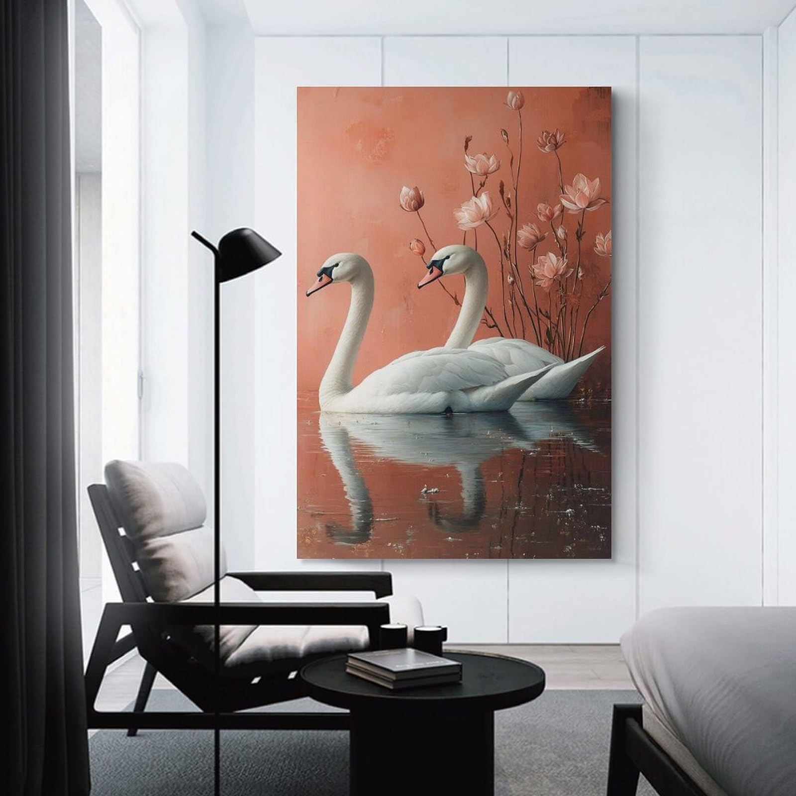 Junmoney Unframe-Style-10 Two Swans In Water With Flowers Canvas Wall Decor, 24X36inch(60X90cm), For Wall Displays, Bedrooms Or Room Updates, Wall Decor Suited To Curated Displays