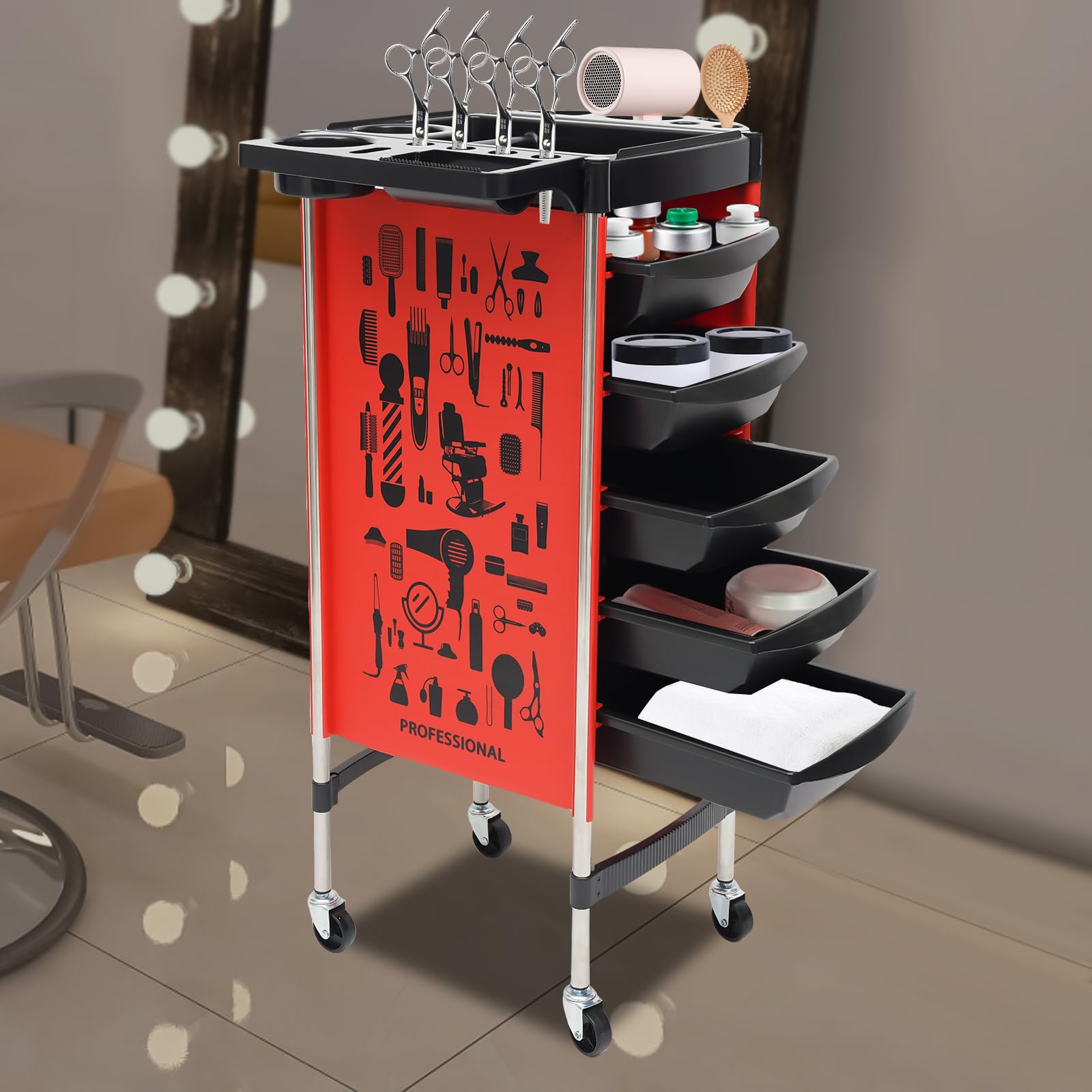Carrello da parrucchiere con 5 cassetti, per parrucchieri, cosmetici, saloni di bellezza, barbiere, spa, salone per saloni di bellezza (rosso)