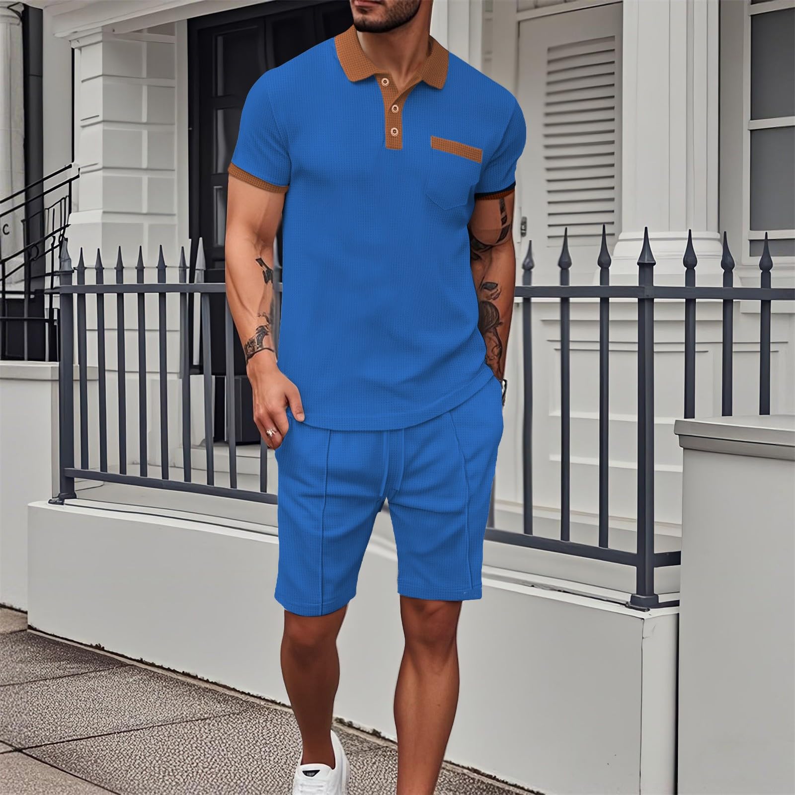 Tuta da uomo per il tempo libero, estiva, 2 pezzi, con colletto a maniche corte e pantaloni corti, tinta unita, elegante, per business, jogging, fitness, palestra