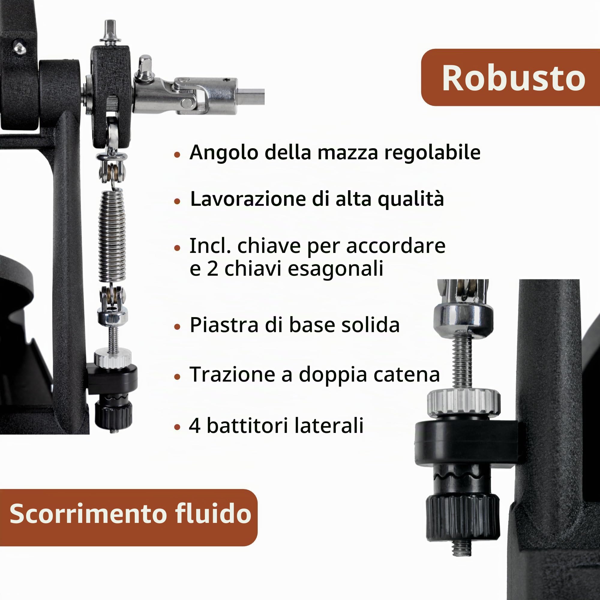 XDrum Pedale Pro Doppio (2 pedali, doppia catena, 4 side beater, attacco beater aggiuntivo a sinistra, ideale anche per drumset con 2 bass drum)
