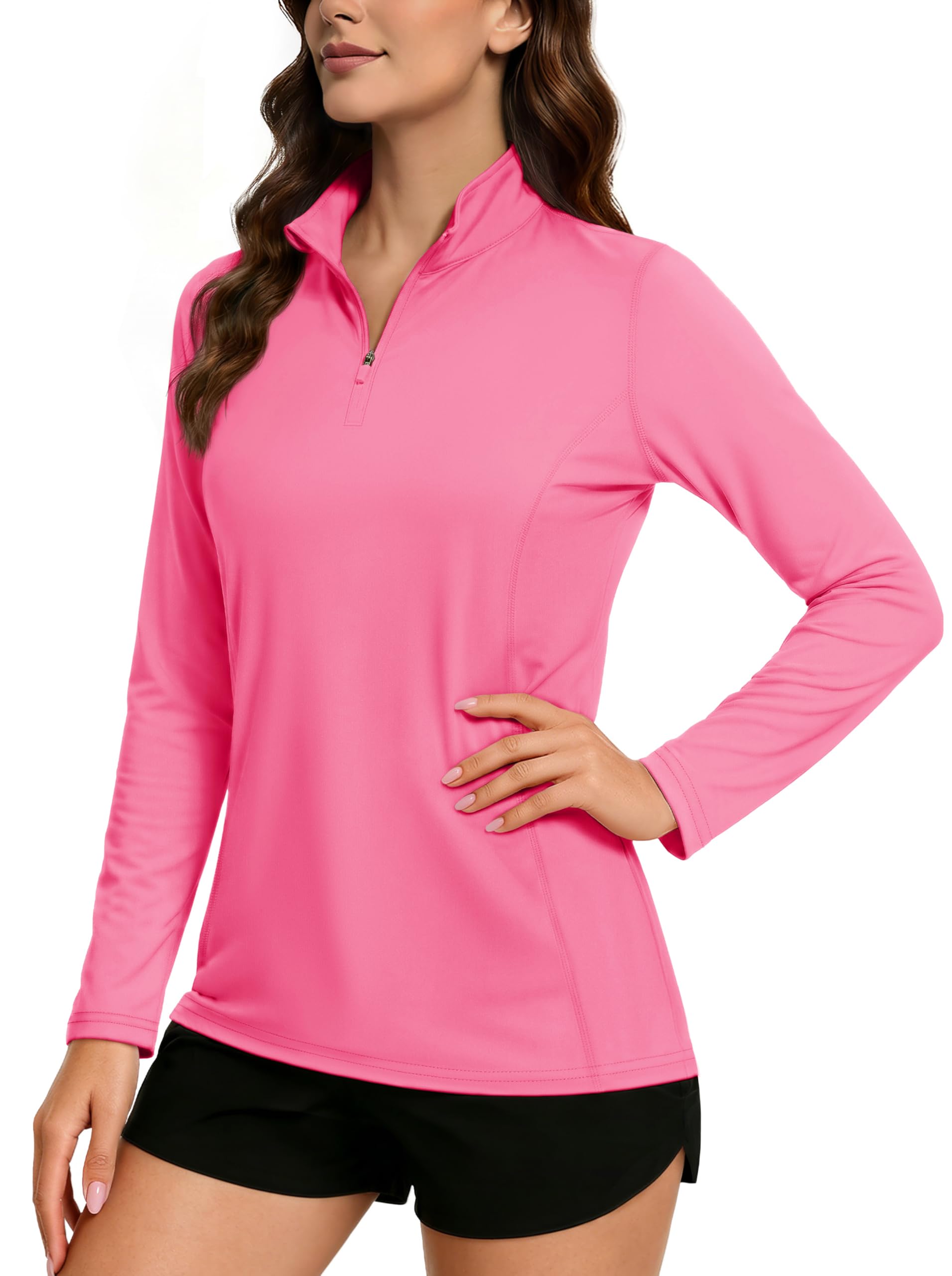 Women's UPF 50+ Shirts 1/4 Zip Long Sleeve Sun Protection Shirt Lightweight Pullover Quick Dry Shirts, Rose Red, X-Large-image-18