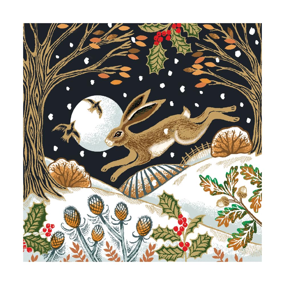 Museums & Galleries Charity Christmas Cards Pack of 8 - Leaping Hare in Snowy Woodland - Eco-Friendly & Recyclable