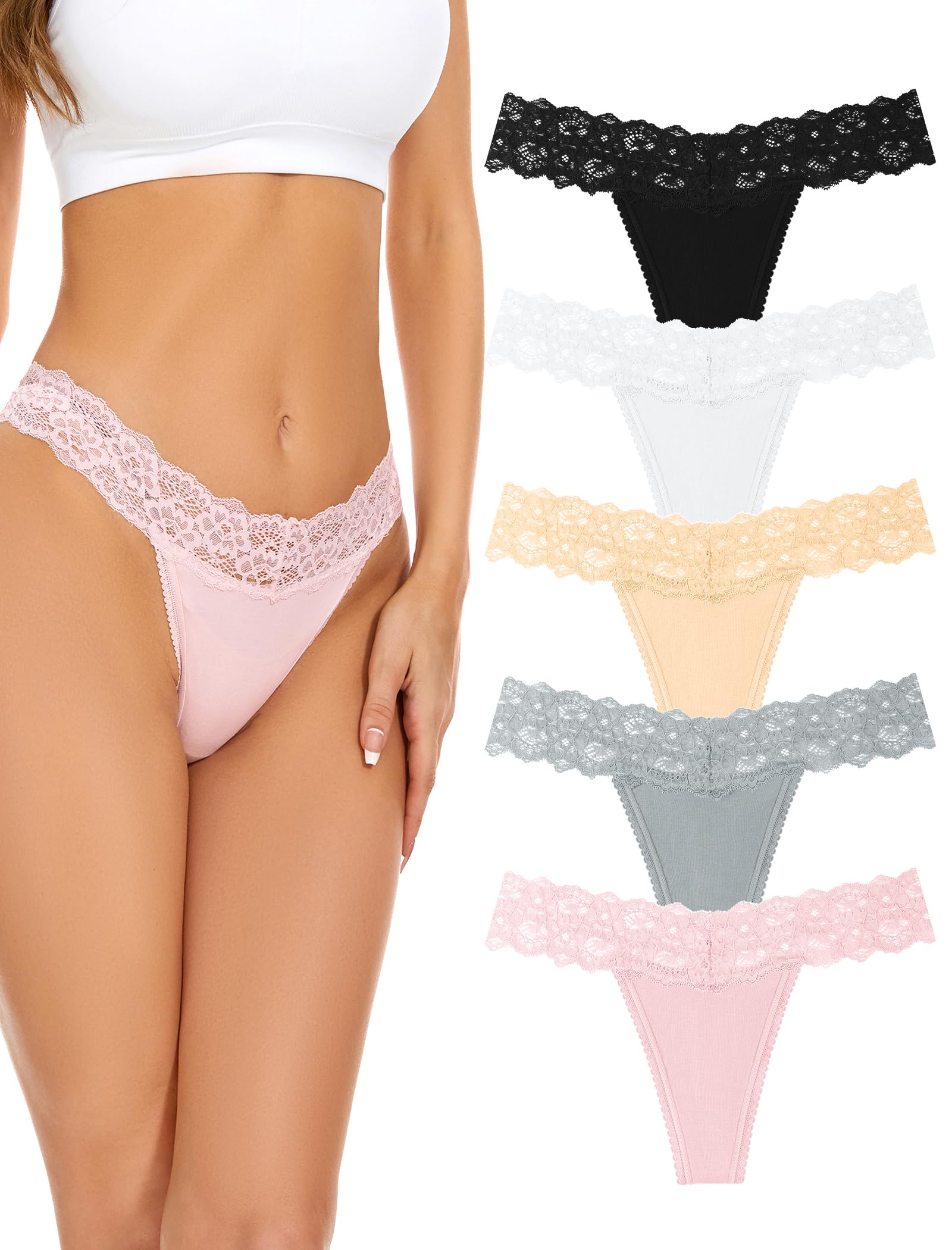 voenxe Seamless Women Thong,No Show Lace Underwear,Cotton-Like Soft Undies