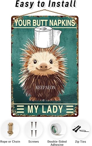 Miniatura 5 de Porcupine 12x8 Inch Metal Sign Your Butt Napkins My Lady Bathroom Decor for Women Bat Wall Decor Funny Guest Bathroom Wall Art Toilet Paper Wall Art