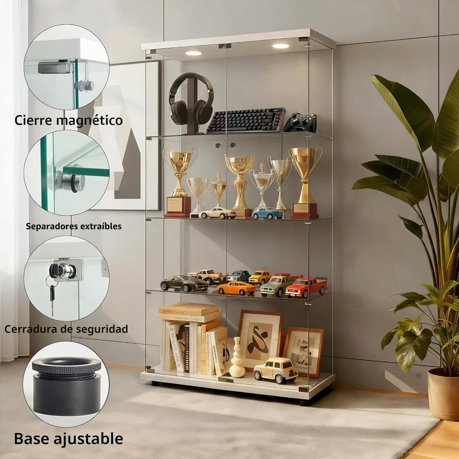 Vitrina de Cristal con iluminación LED, Color Blanco, 80,6 x 36,5 x 164,5 cm, Dos Puertas con Cerradura, Vitrina de Cristal de pie con 3 estantes de Cristal, Vitrina para salón, Dormitorio