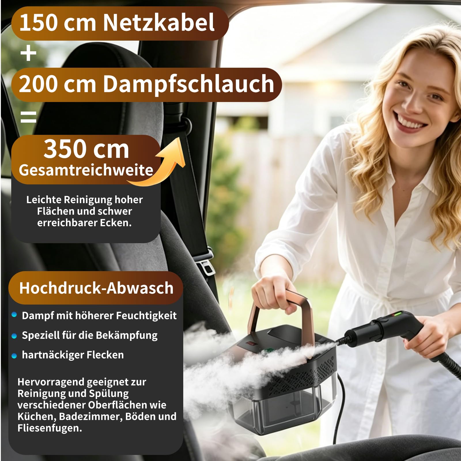 Dampfreiniger Handgerät, 2500W Handdampfreiniger mit Stufengriff, 8 Düsen, 1,8L Tank, 3 Dampfstufen, 4 BAR Hochdruck, 15S Heizzeit 105℃, Tragbarer Dampfreiniger für Auto Küche Bad Polster BBQ