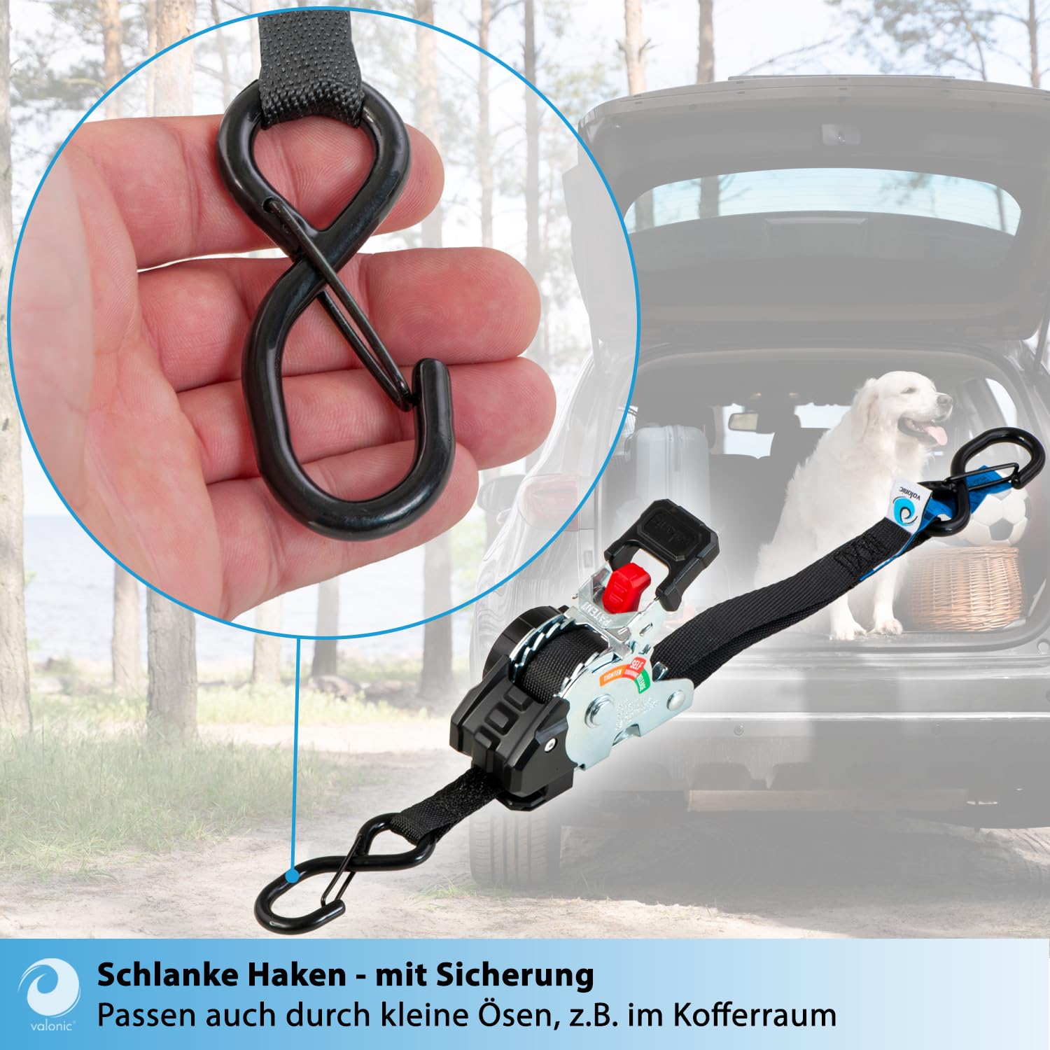 valonic Creta 2 m, Mini Spanngurte Automatik, für Kofferraum und Anhänger sowie Auto und Transport, 4er Set, 150 kg Zurrkraft, 19 mm, Spanngurt Selbstaufrollend, S-Haken mit Sicherung
