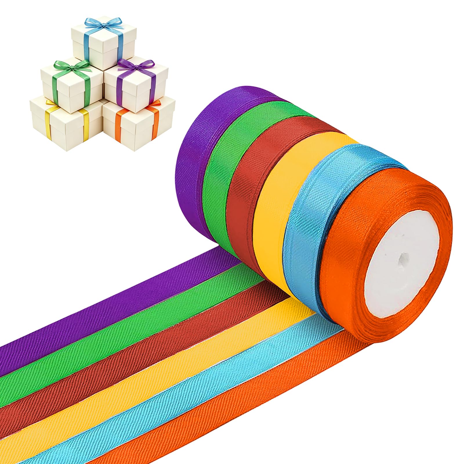 HAGOT 6 Rolls Satin Ribbon Set, 2.5cm x 22m Each Gift Wrapping Ribbon, Multicolor Polyester Fabric Ribbons for Wedding, Birthday Party, Christmas, Balloons, Bows & DIY Crafts