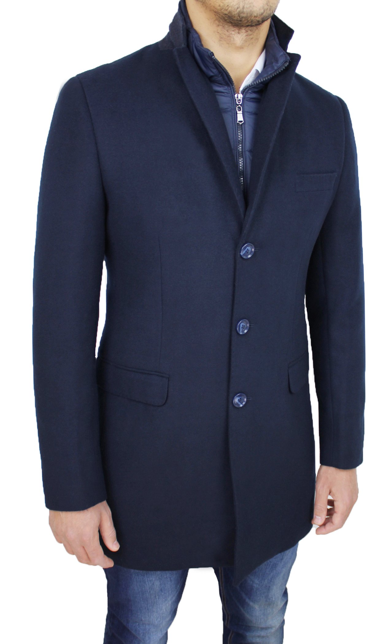 Cappotto Giacca Uomo Sartoriale in Lana Blu Scuro Casual Elegante Giaccone Invernale