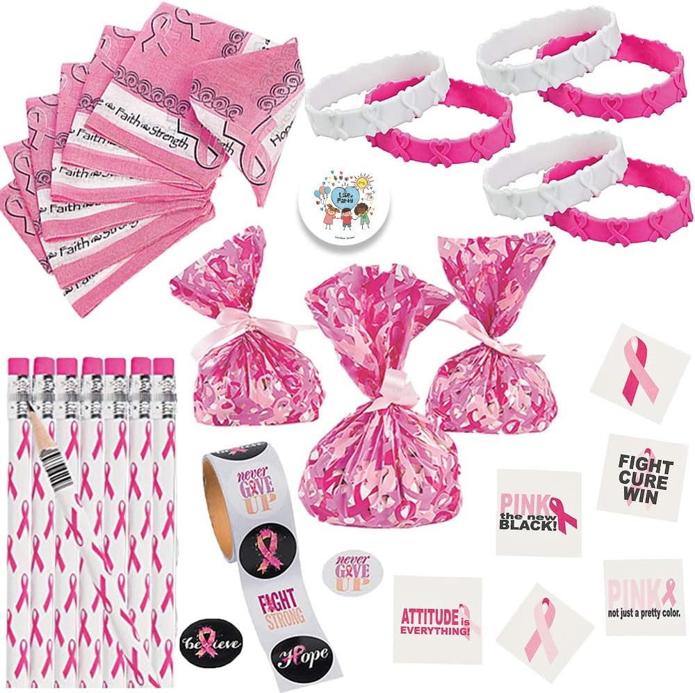 Breast Cancer Awareness Support Pack for 12 With Pencils, Cellophane Goodie Bags, Stickers, Bandanas, Glitter Tattoos, Bracelets, and Exclusive Party Pin by Another Dream