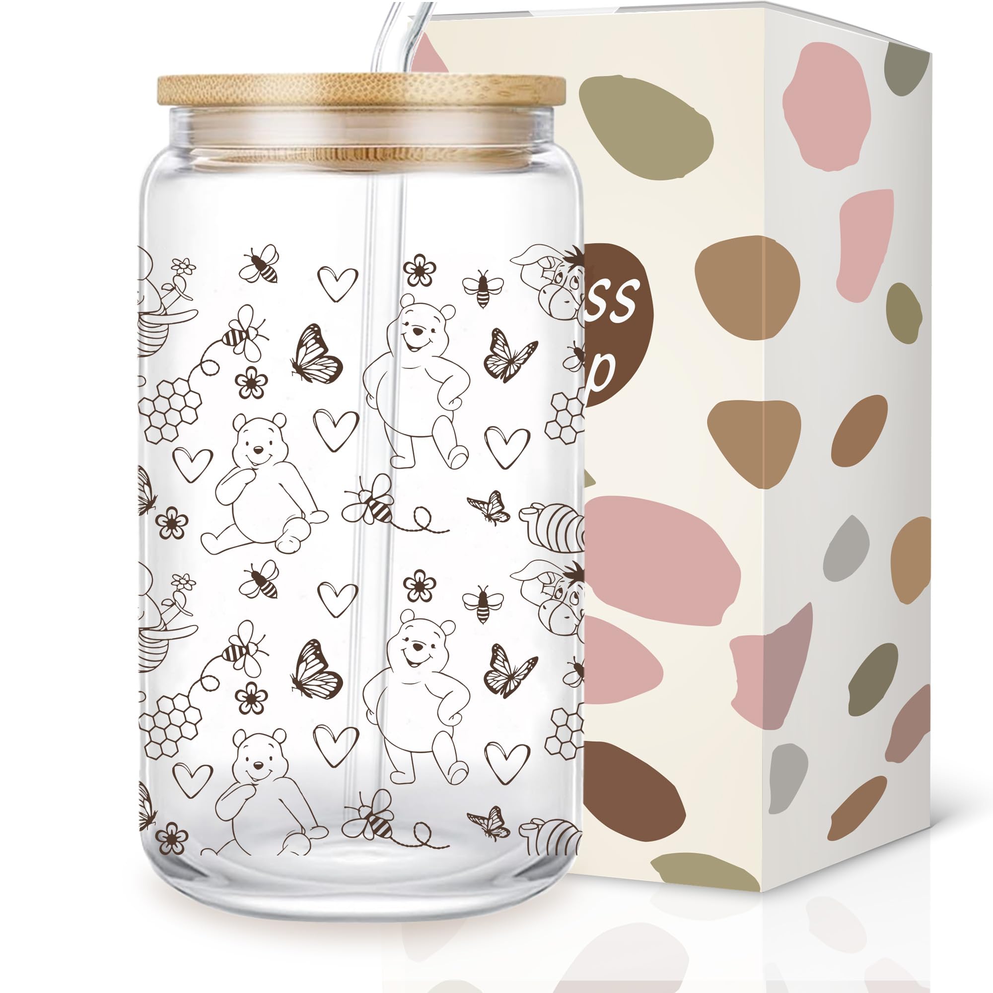Pfkfo Pooh Bear Gifts, Winnie Glass Tumbler Iced Coffee Cup, Cute Bear Glass Cup With Lid And Straw, Winnie Birthday Gift for Boys Girls Best Friends