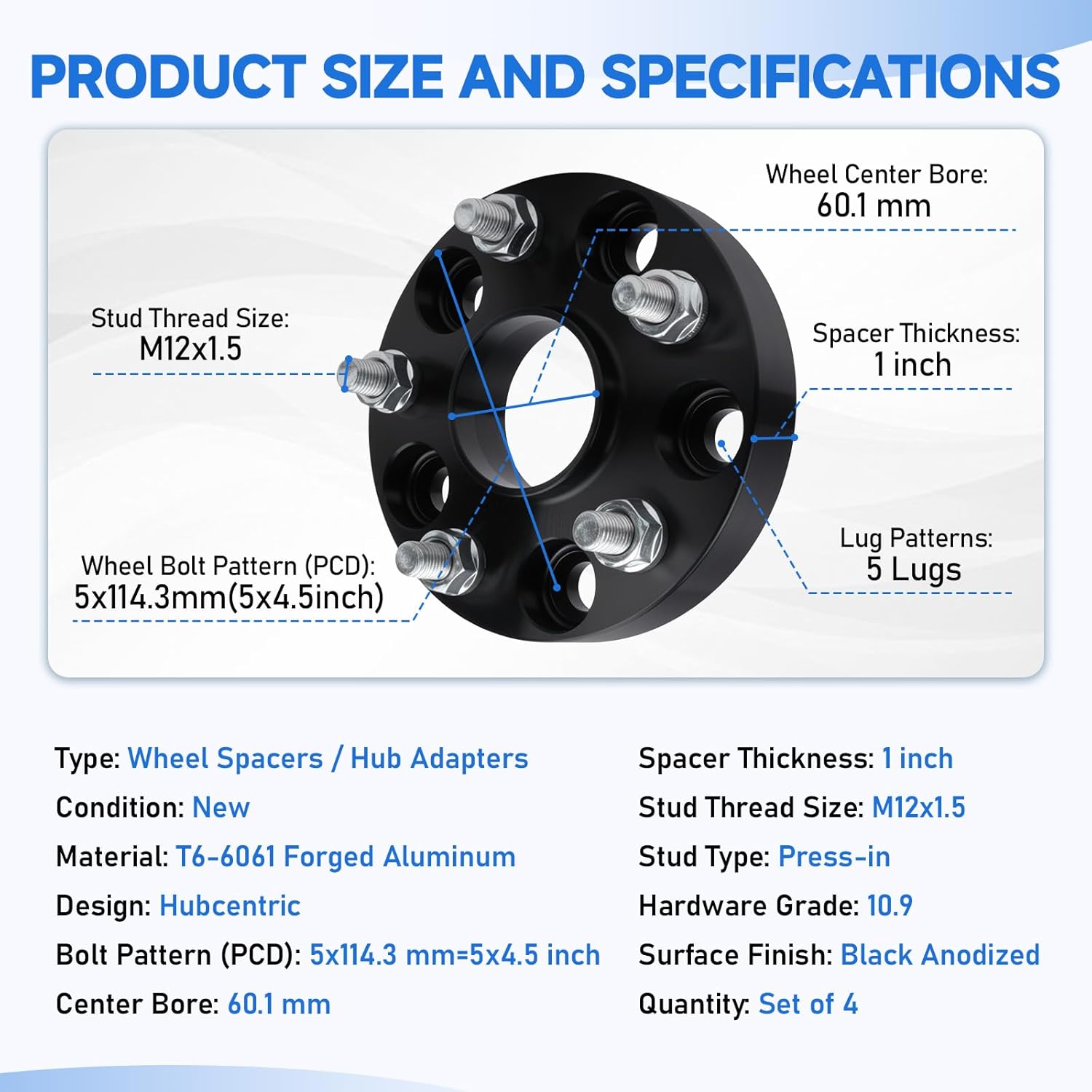 4Pcs 1 inch Hubcentric Wheel Spacers PCD 5x4.5 inch Center Bore 60.1mm with M12x1.5 Studs for Avalon/Camry/Highlander/ RAV4/ Sienna/Solara/Tacoma, ES250/ ES300/ GS300/ GS350, TC/XB