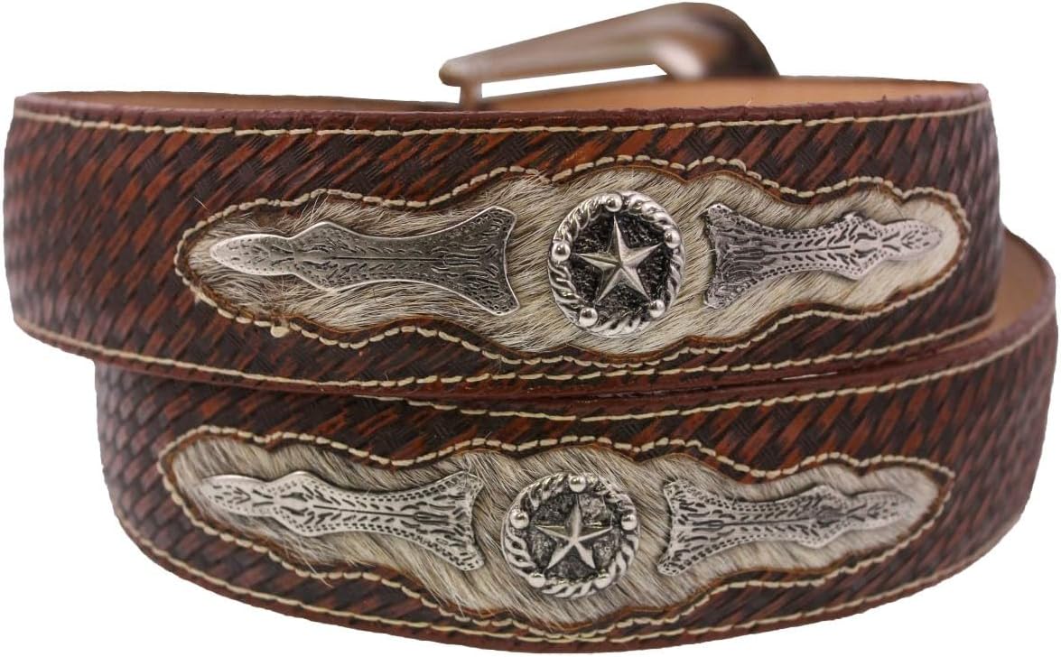 El Presidente Mens Cognac Ranger Cowboy Leather Belt Concho Silver Buckle