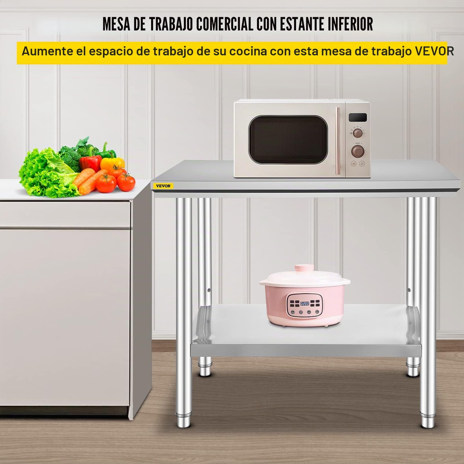 VEVOR Mesa de Trabajo Cocina INOX, Encimera de Trabajo Cocina en 2 Plantas, Mesa de Trabajo de Acero Inoxidable para Preparación de Cocina de Alimentos de Comidas Hoteles Oficinas Hospitales