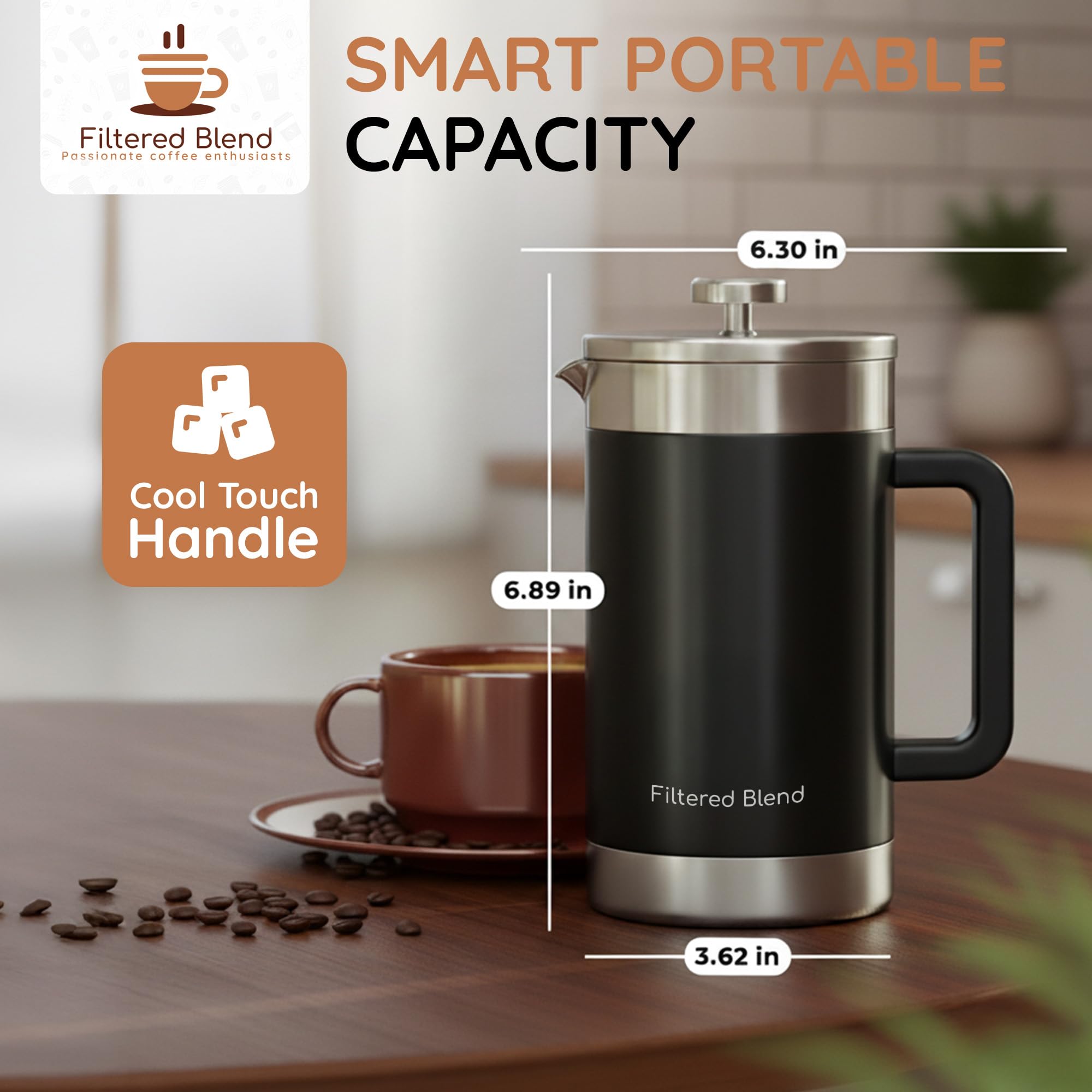 Filtered Blend 1.6L French Press Coffee Maker (Black) thumbnail 6