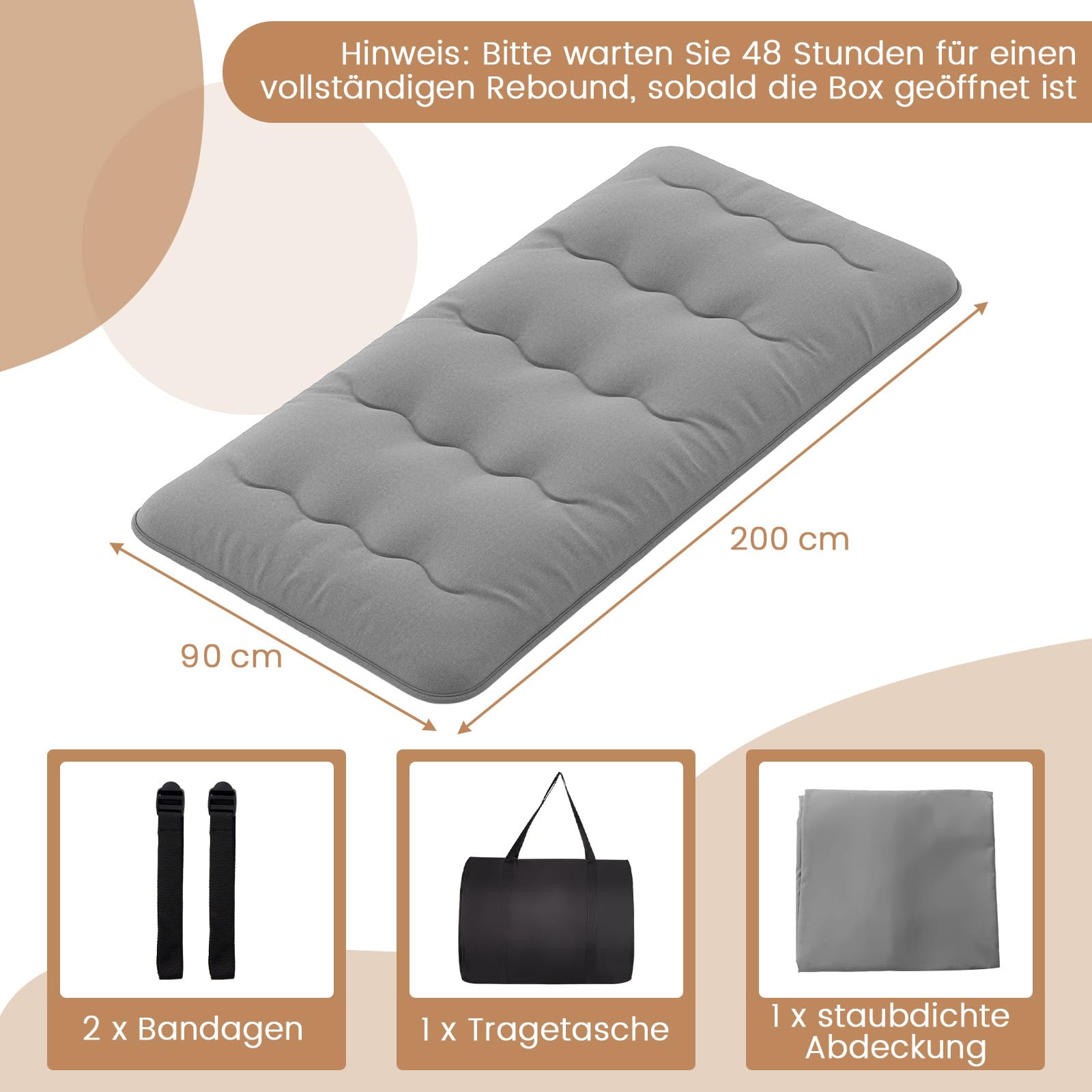 COSTWAY Japanische Futon Matratze, Tatami-Matte, Bodenmatratze, Klappmatratze mit waschbarem Bezug, Faltbare Schlafmatte mit Tragetasche, Beige, 90 x 200 cm (90 x 200 cm,Grau)