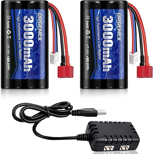 URGENEX Batería de iones de litio de 7.4 V 3000 mAh de alta capacidad con enchufe en T estilo Dean 2S batería recargable RC apta para WLtoys 4WD de