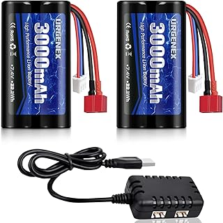 URGENEX Li-ion Battery 7.4V 3000mAh High Capacity with Dean-Style T Plug 2S Rechargeable RC Battery Fit for WLtoys 4WD High Speed RC Cars and Most 1/10, 1/12, 1/16 Scale RC Cars Trucks with Charger