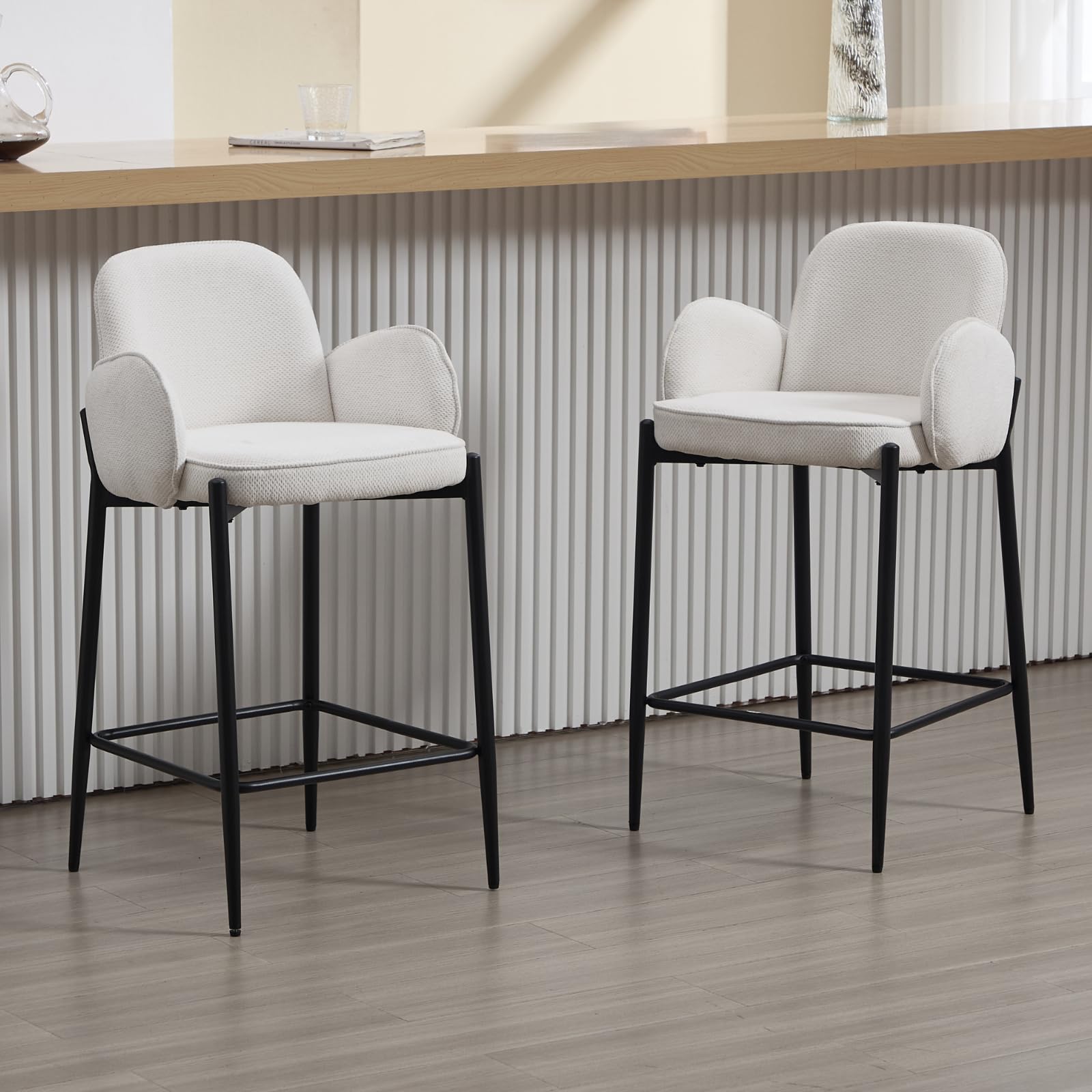 Juego de 2 Taburetes de Bar con Patas de Metal, Silla Alto con Cojin y Respaldo de Chenille， Butacas Pequeñas para Salon/Restaurante/Bar， Blanco