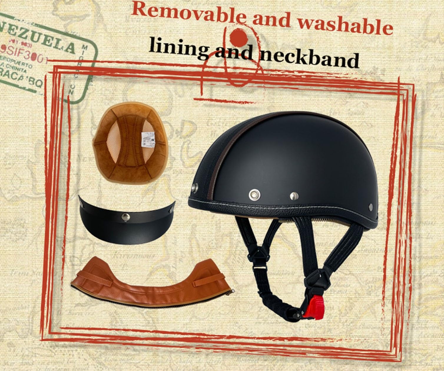 Półkask motocyklowy w stylu niemieckim, z otwartą twarzą, skórzany kask motocyklowy z homologacją ECE dla dorosłych - lekki ABS z oddychającą, wyjmowaną wkładką