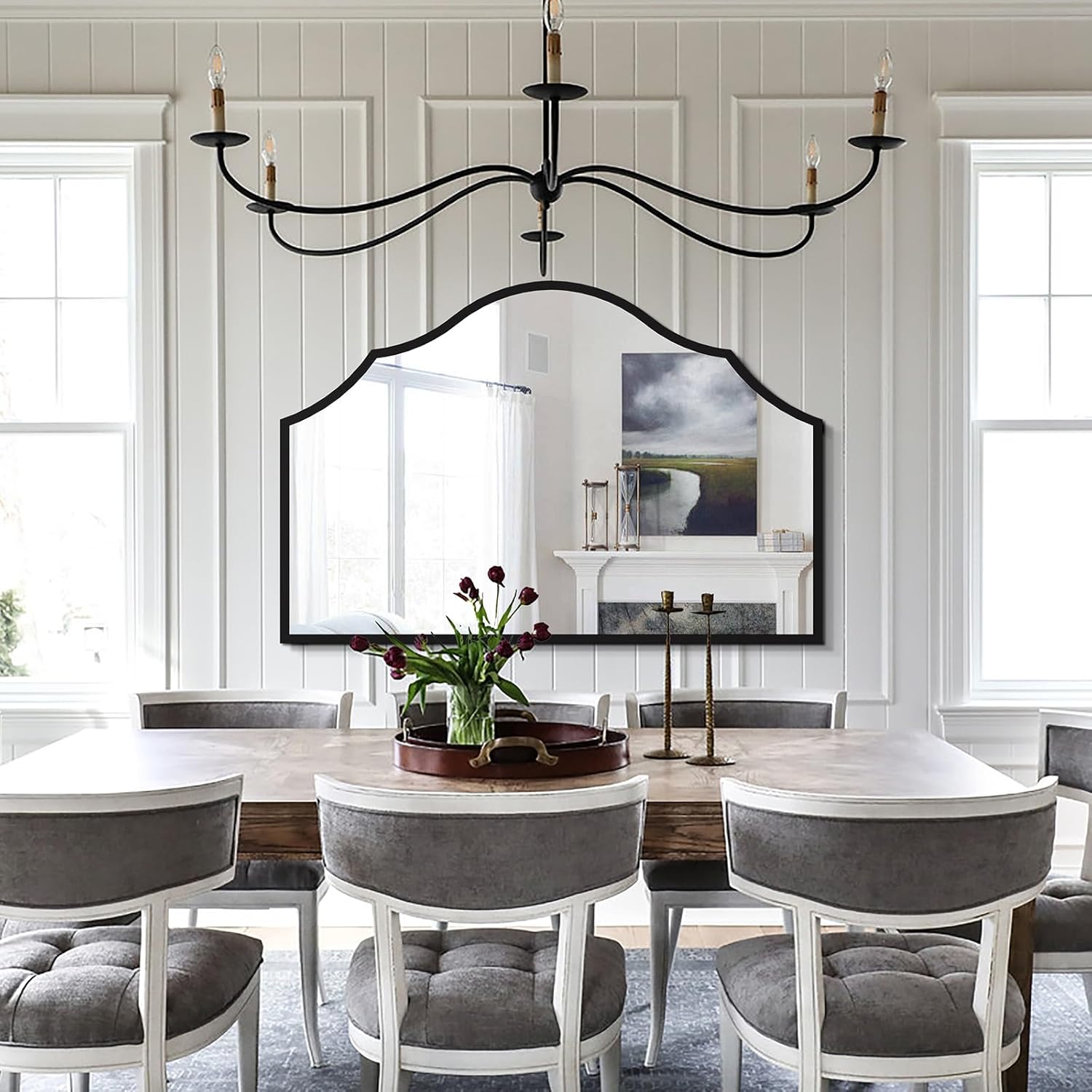 Large Arched Mirror Wall Decor, 32"x48" Wide Black Decorative Wall Mirror with Metal Frame for Entryway, Bathroom, Living Room, Bedroom (Horizontal)