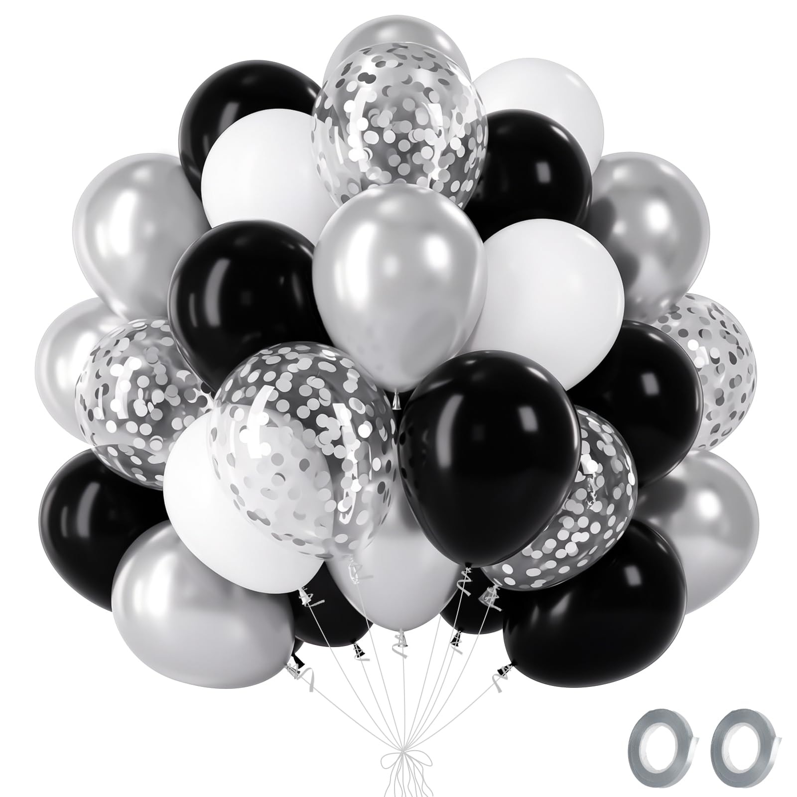 Black And Silver Balloons 60 Pack,Metallic Silver Black And White Balloons With Confetti,Helium Latex Birthday Balloons For Men Boys Bachelorette Party Black Birthday Decorations Graduation Wedding — image 1