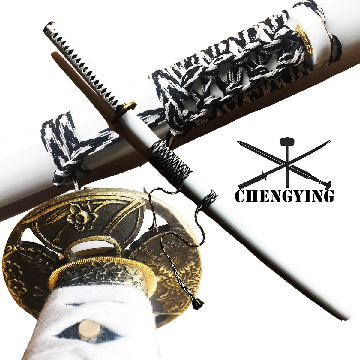 Japanese Sword katana1045 Steel Solid Wood White Paint saya Flower Style tsuba