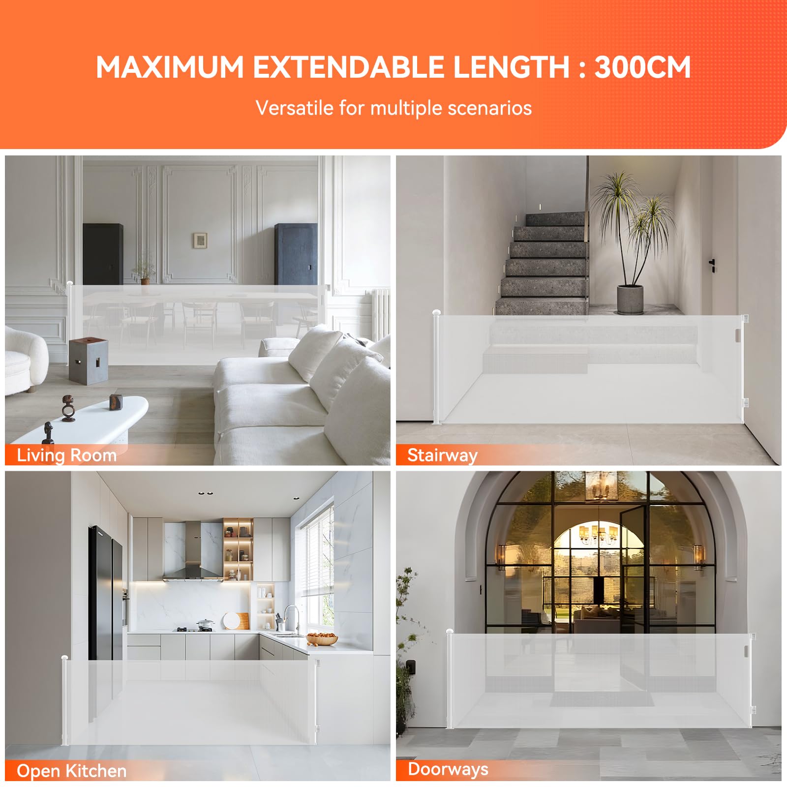 Treppenschutzgitter 0-300cm Ultraweit, Türschutzgitter Ausziehbare für Baby | 87cm hoch Treppengitter Einhändiges Öffnen für Haustiere, Babyschutzgitter für Treppen, Flure, Innen- und Außenbereich, Weiß